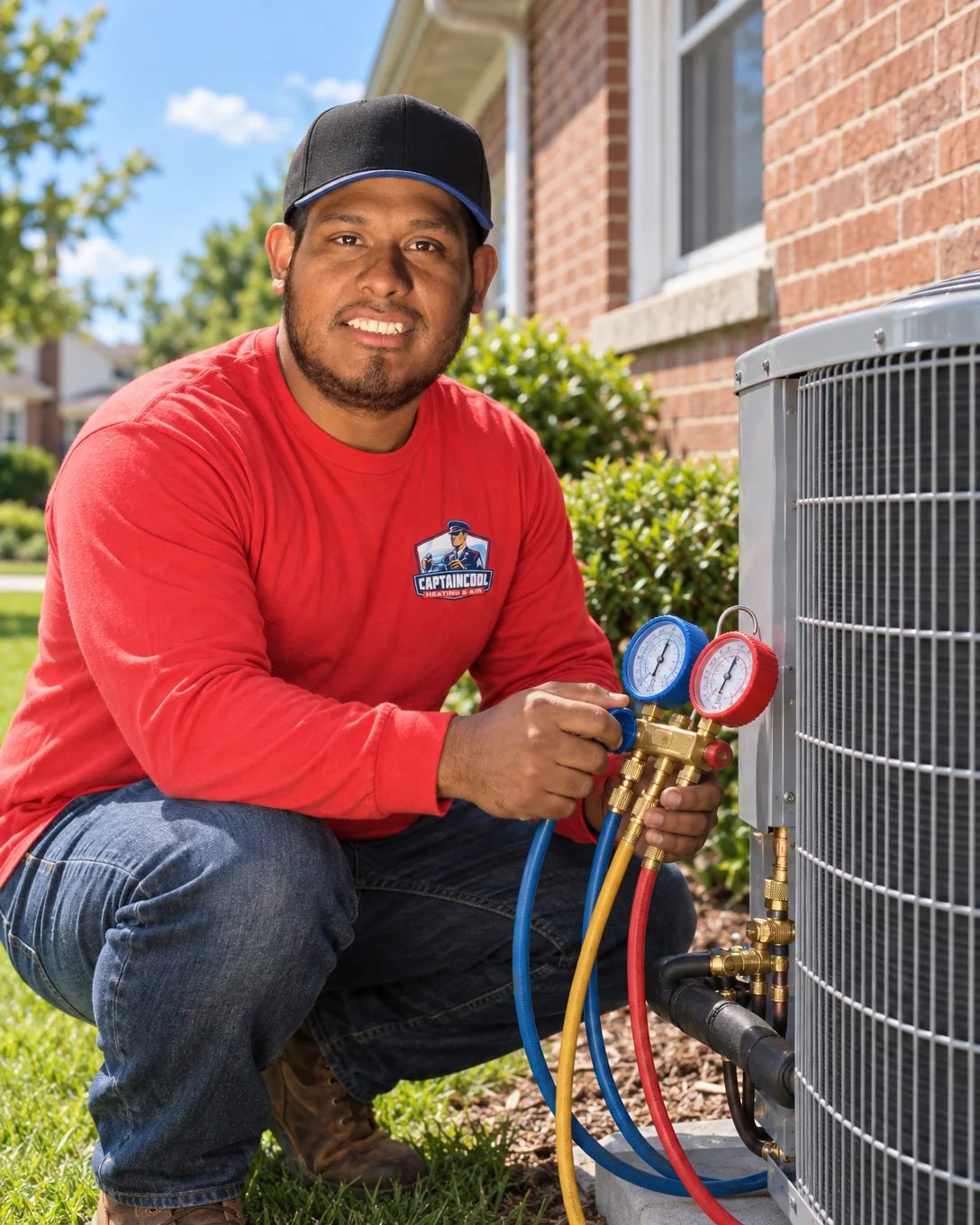 Captain Cool Heating & Air technician checking refrigerant gauges on an air conditioner beside a brick home